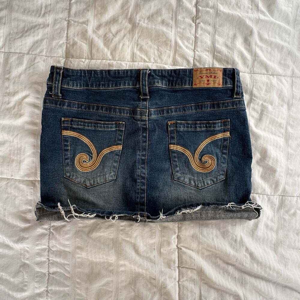 YMI Y2K Dark Wash Denim Mini Skirt with Embroidered Swirl Pockets Size 11